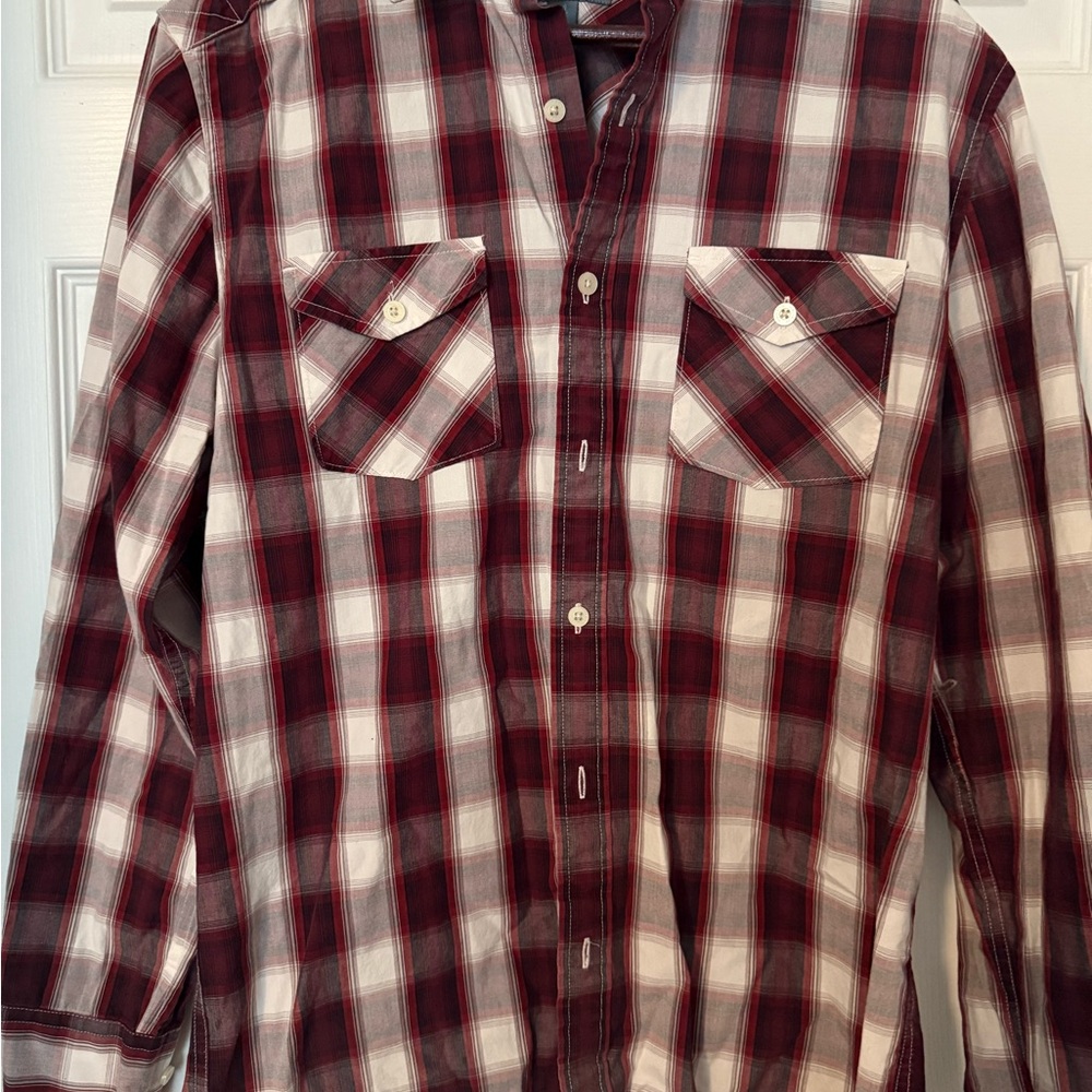 Madison Burgundy  and White Casual Button Down Shirt